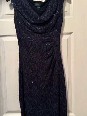 Lauren Ralph Lauren Navy Lace Sequin Cowl Midi Dress